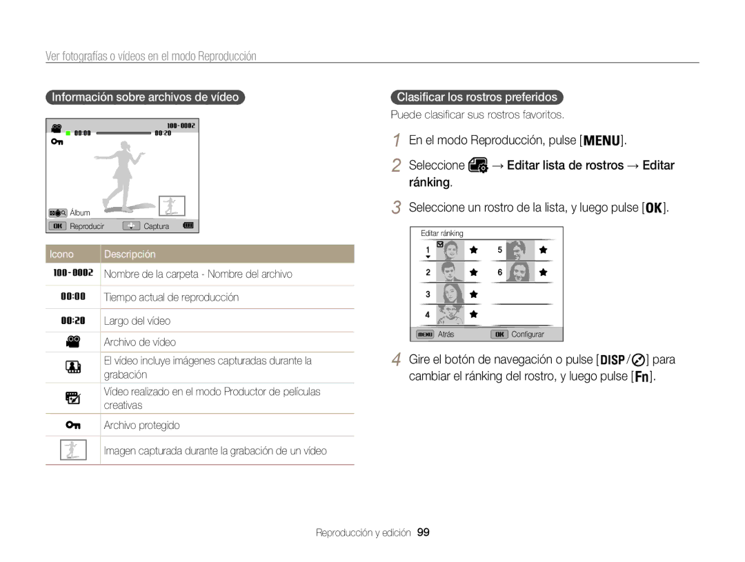 Samsung EC-WB850FBPBE1 manual Ver fotografías o vídeos en el modo Reproducción, Información sobre archivos de vídeo , Para 